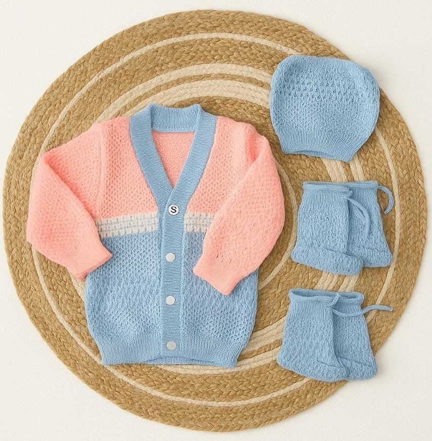 Newborn to 6 months Baby Unisex Woollen Knitted Sweater Set of 3 | Infant Winter Clothing-pink with blue code:NBE